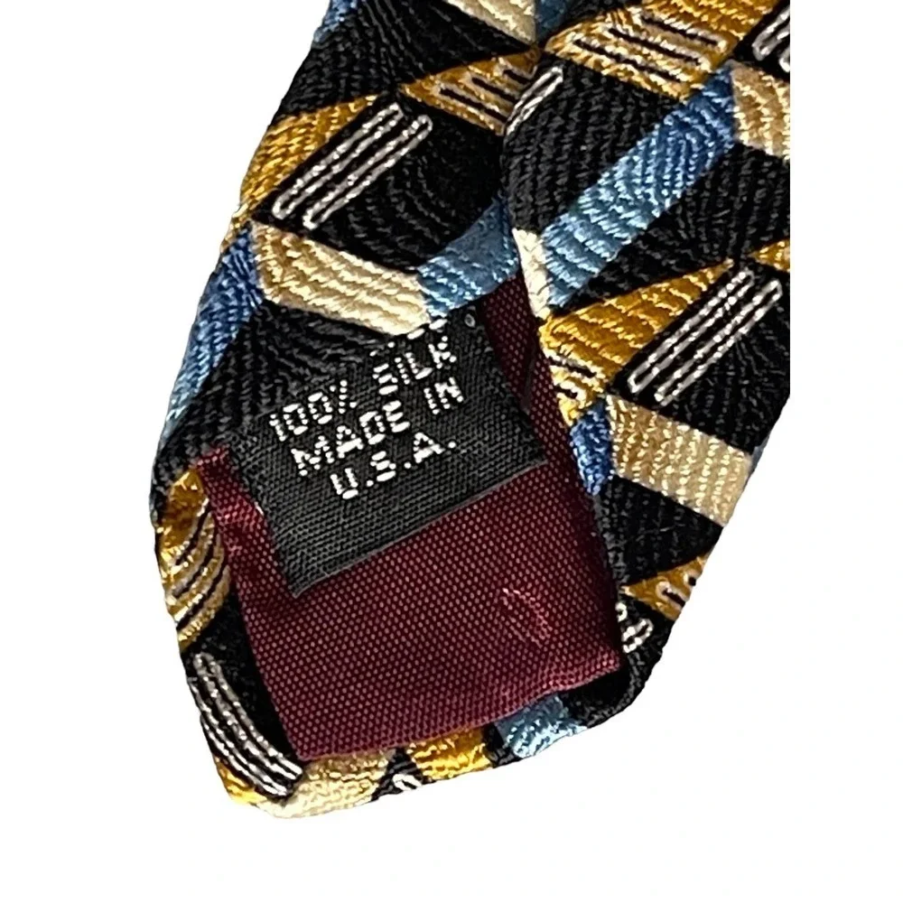 John Henry‎ Mens Vintage Silk Necktie 57 X4 Zig-Zag Abstract Print Blue Gold